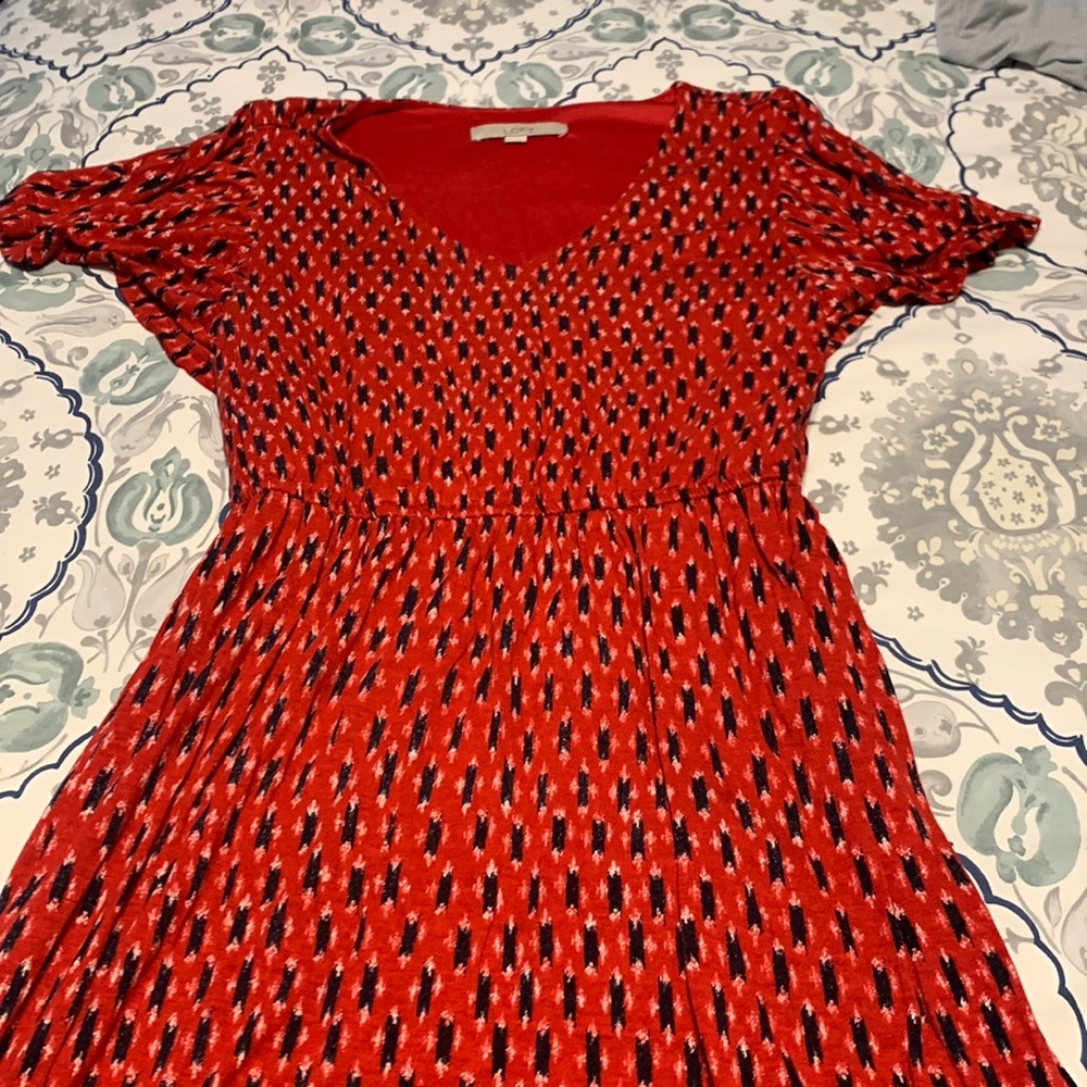 Loft Medium cotton dress Red with navy and white details